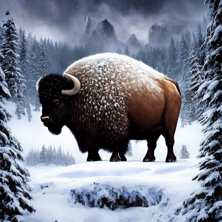 Majestic bison in snowy landscape with night sky