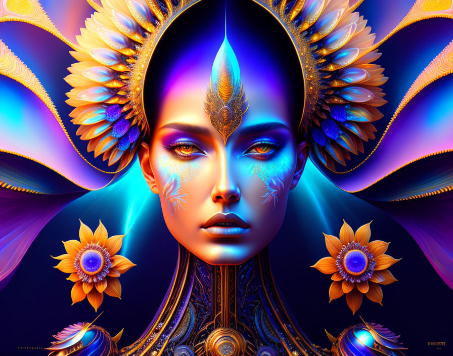 Colorful digital artwork: Woman with blue skin and golden headdresses in surreal style