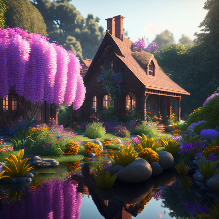 Serene wooden cottage with colorful flowers and pond