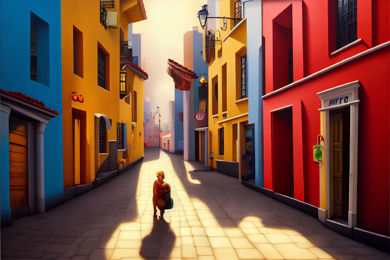 Child walking in colorful sunlit alley with blue and red buildings and hanging laundry.