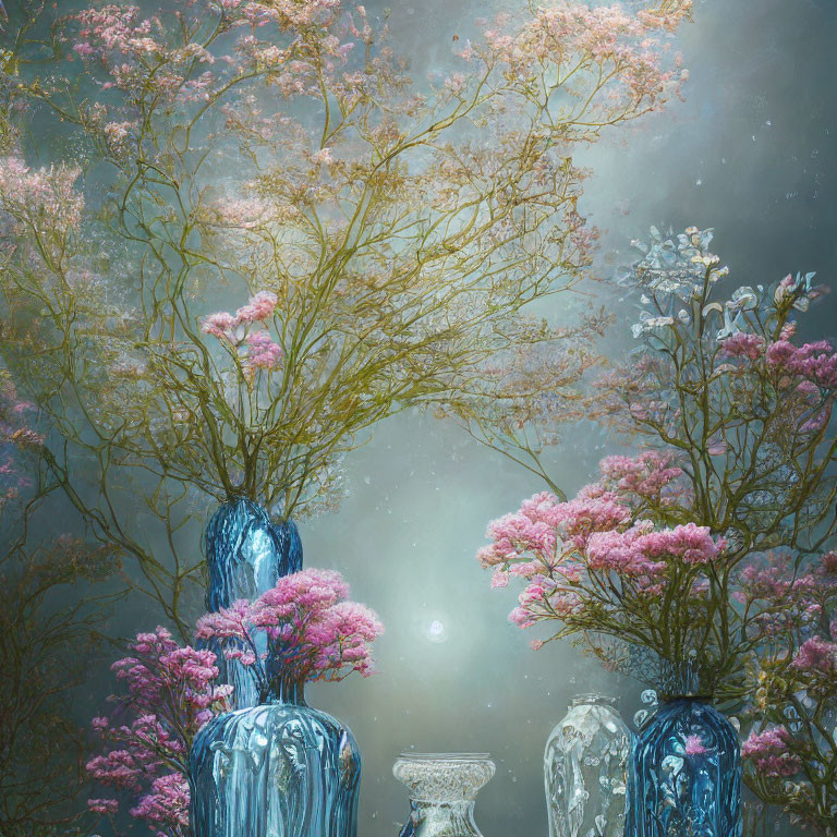 Pink Flowering Trees and Blue Vases in Dreamy Garden Scene