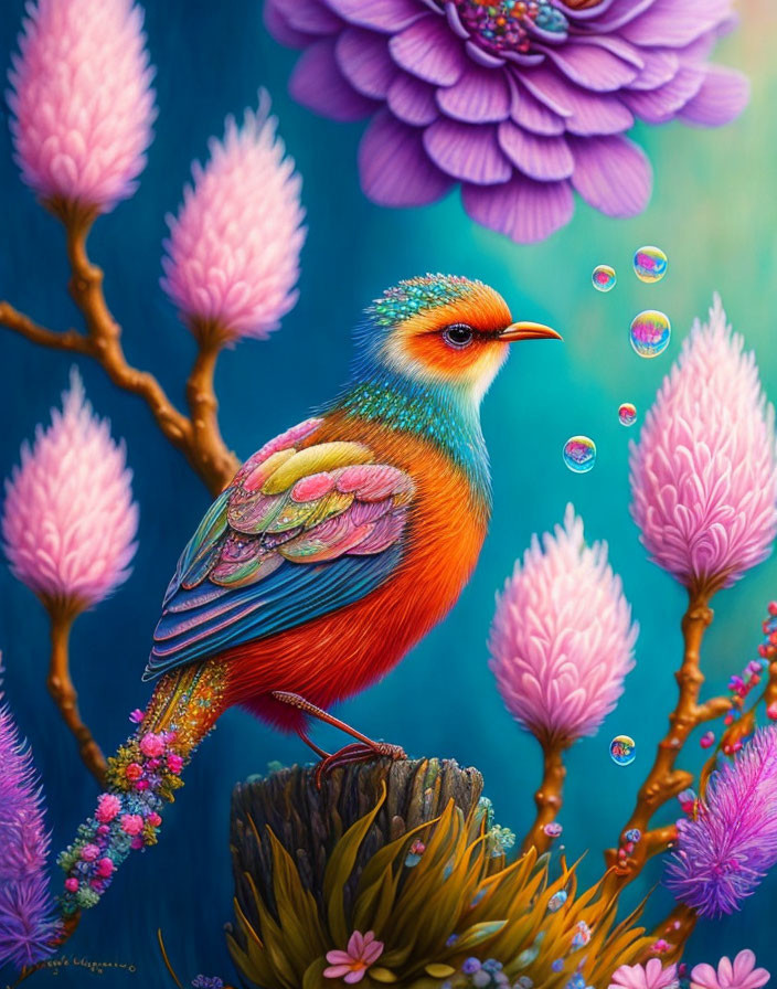 Colorful Bird Illustration on Branch with Pink Flowers and Teal Background