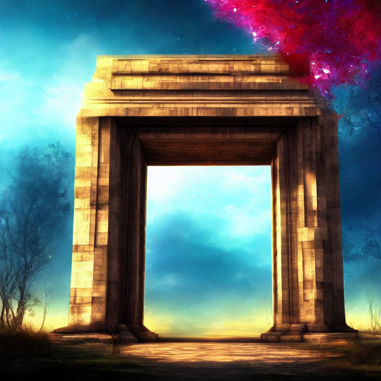 Ancient Stone Archway Under Surreal Nebula Sky