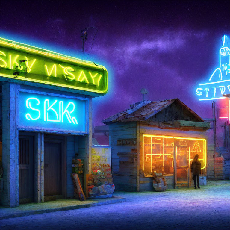 Desolate Street Night Scene with Colorful Neon Signs and Solitary Figure