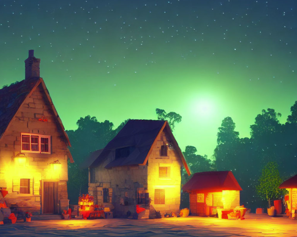 Tranquil forest setting with starry sky above cozy cottages