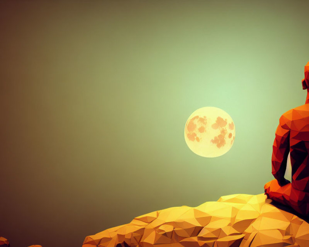 Low-poly illustration of person gazing at full moon on rocks
