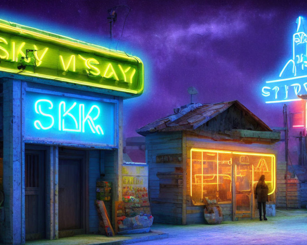 Desolate Street Night Scene with Colorful Neon Signs and Solitary Figure