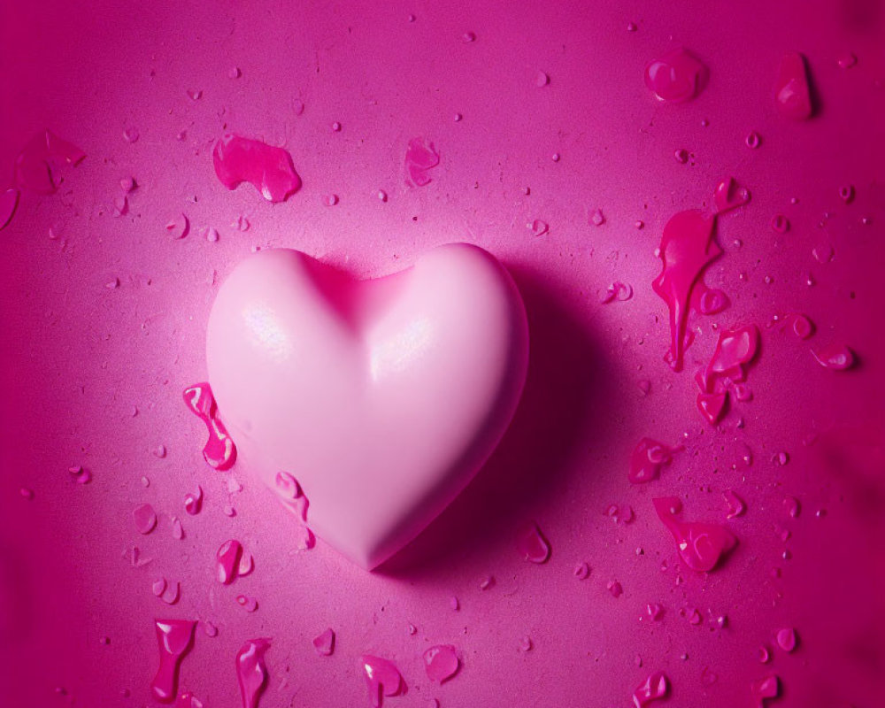 Pink glossy heart with water droplets on pink surface