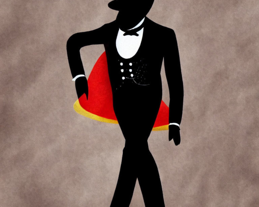 Elegant silhouette in formal attire with top hat and cane on textured brown background