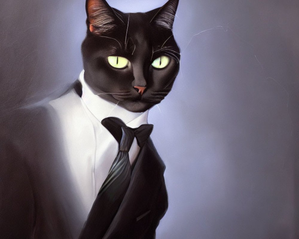 Cat with Human-like Features in Tuxedo and Tie Artwork