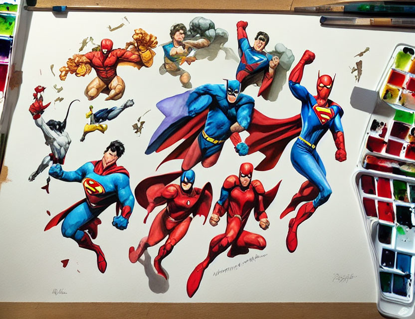 Colorful Superhero Illustration Surrounded by Art Supplies