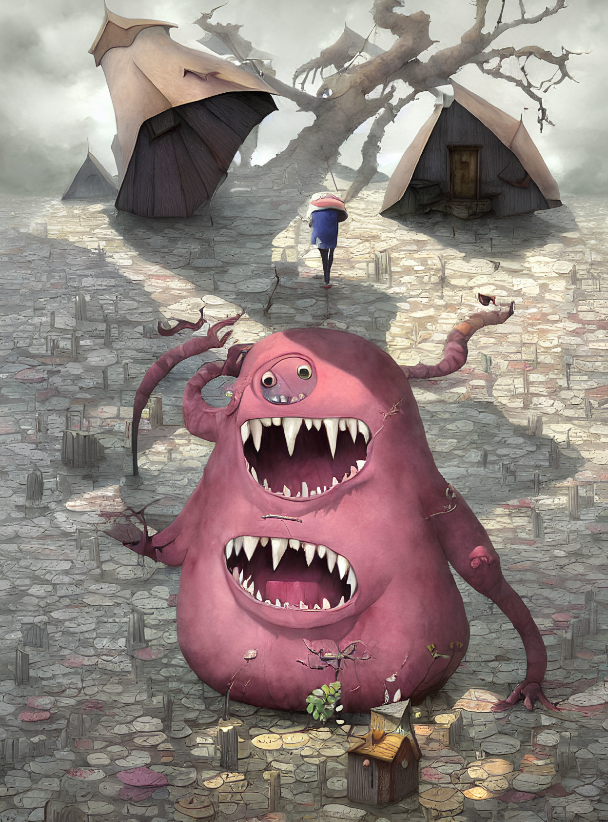 Illustration of Pink Two-Mouthed Monster in Coin Landscape