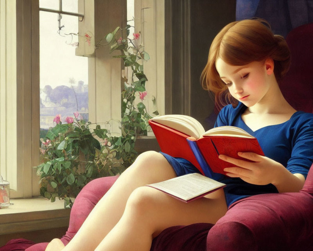 Young girl reading book by window with flowers and natural light