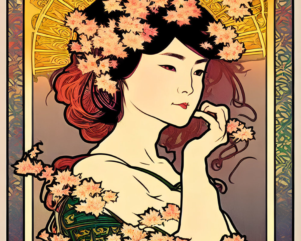 Art Nouveau style red-haired woman with pink flowers in ornate floral setting