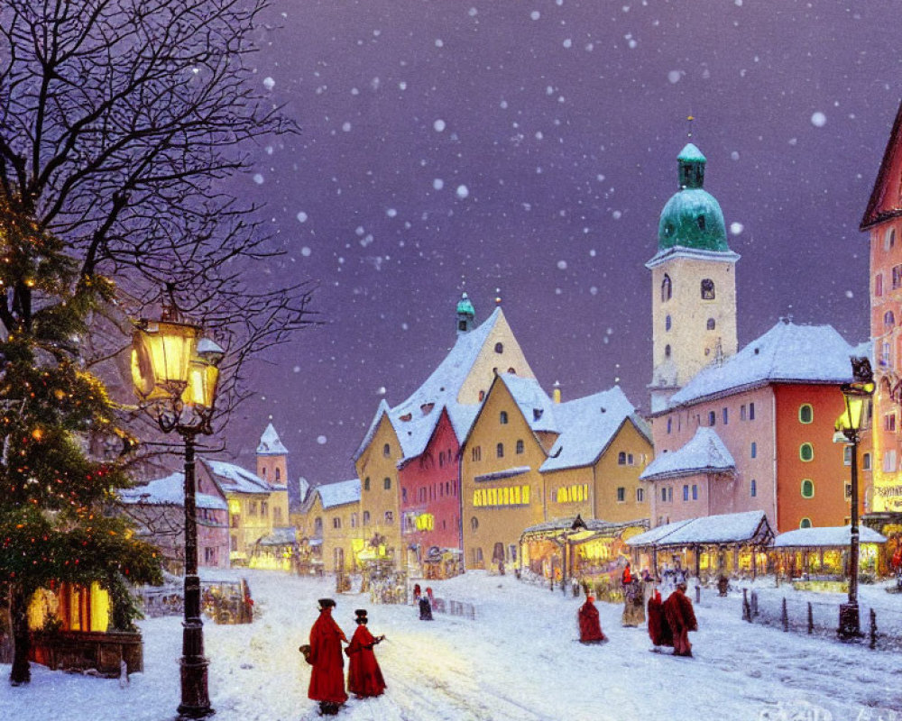 Snowflakes falling on colorful old town street at dusk with people in cloaks and green domed