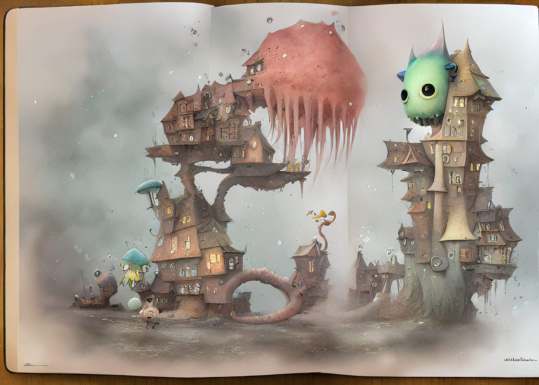 Whimsical Floating Houses and Green Creature in Illustrated Book