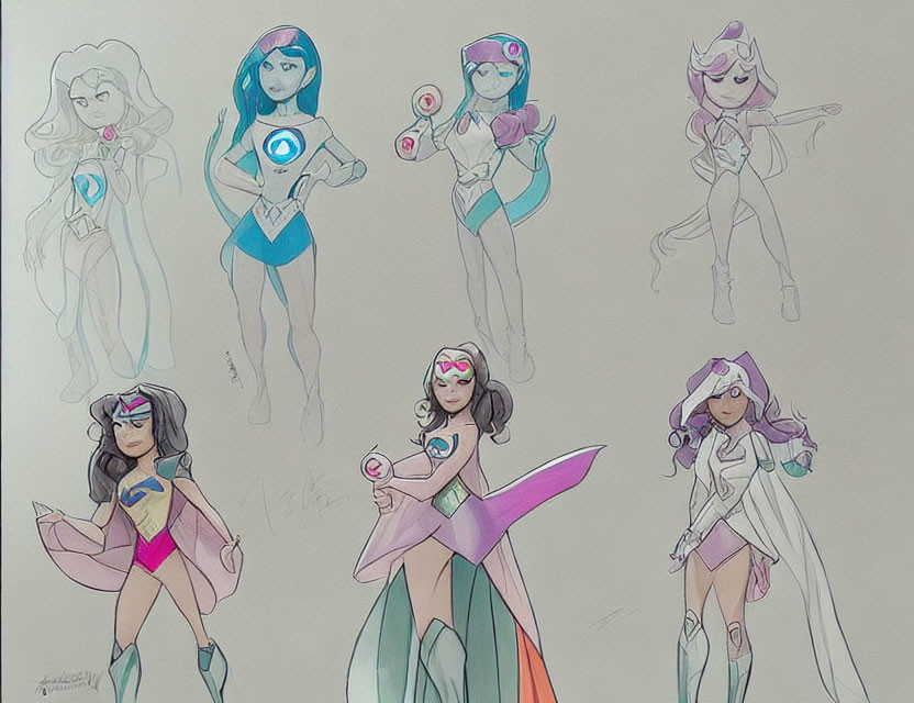 Collection of Stylized Superheroine Character Sketches with Varied Poses, Costumes,
