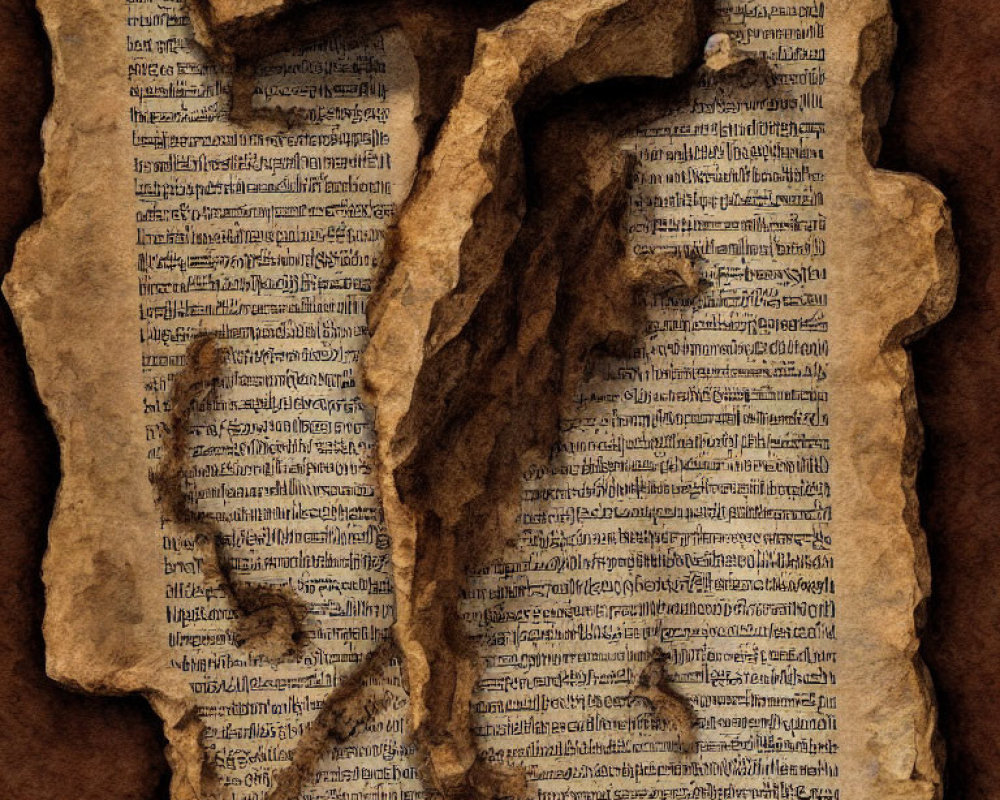 Ancient parchment with torn edge on textured brown background