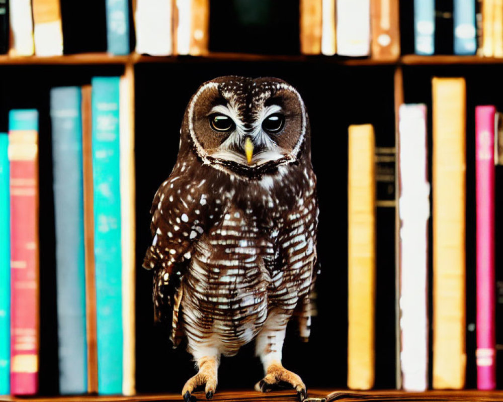 Owl perched on wooden surface with colorful bookshelf background