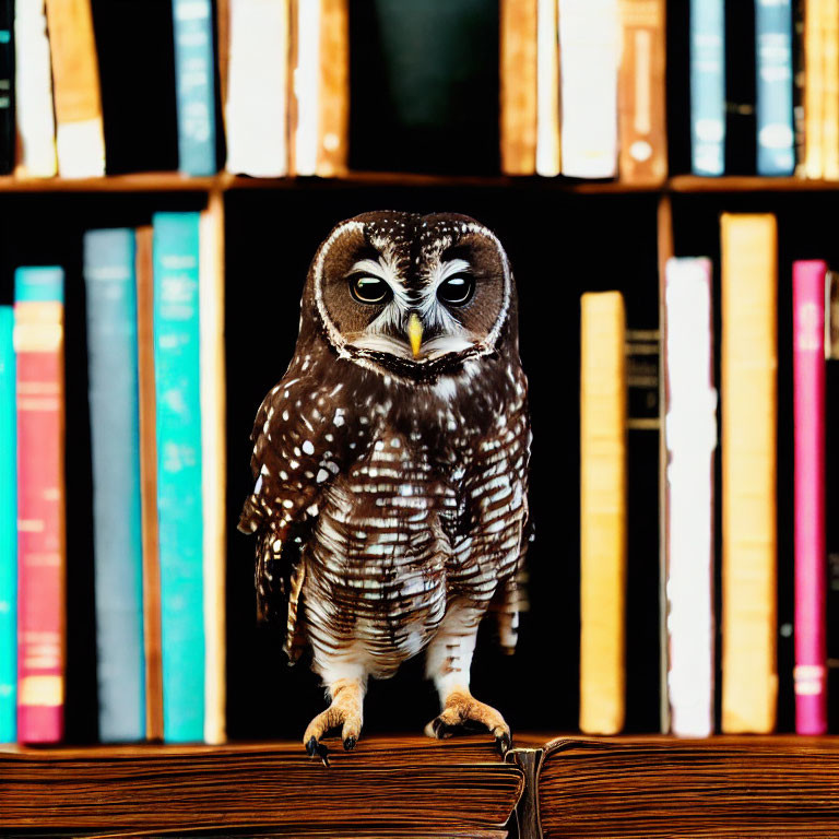 Owl perched on wooden surface with colorful bookshelf background