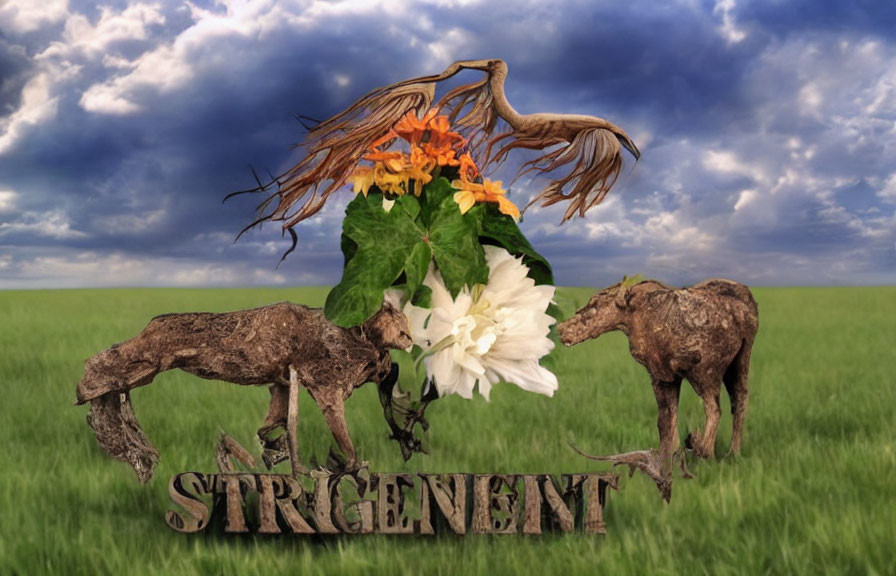 Surreal wooden horse figures with blooming flowers on grassy field under cloudy sky