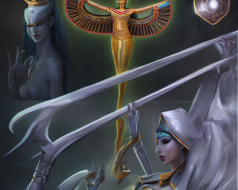 Fantasy female characters in Egyptian-themed costumes with winged headdress and mystical floating cube