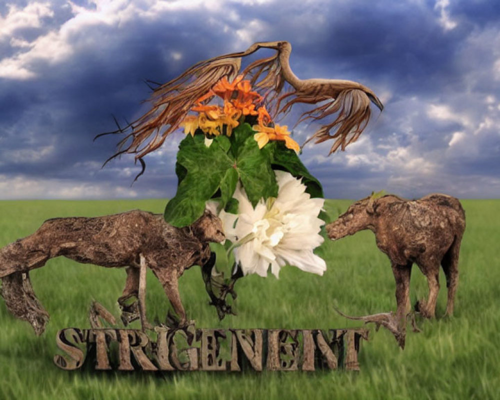 Surreal wooden horse figures with blooming flowers on grassy field under cloudy sky