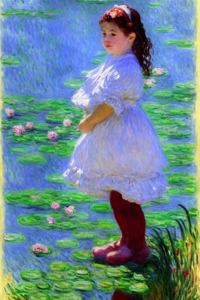 Young Girl in White Dress and Red Stockings by Pond with Pink Water Lilies