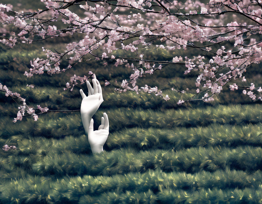 White Sculpted Hands Reaching in Cherry Blossom Scene