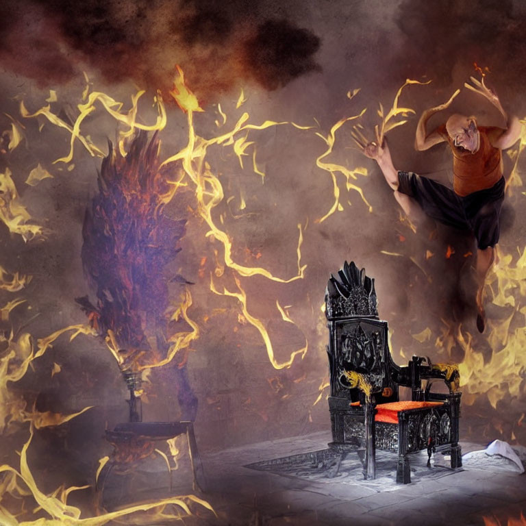Person leaping from fiery gothic chair in mid-air