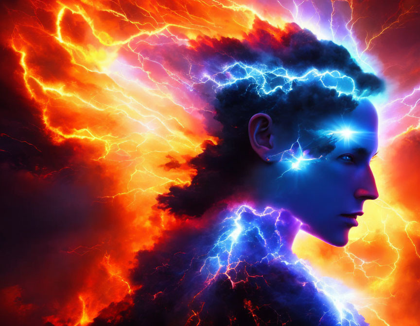 Portrait of a person with electric-blue features and lightning bolts