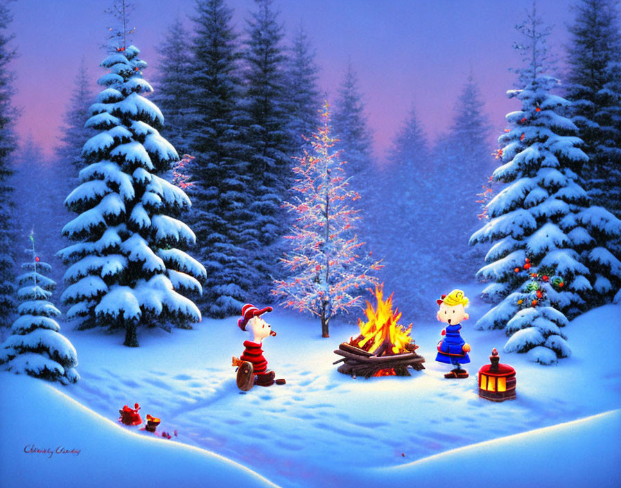 Children warming up by campfire in snowy forest with Christmas decorations