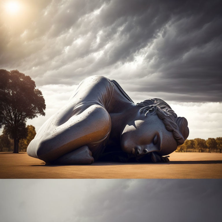 Giant woman statue under dramatic sky in vast landscape