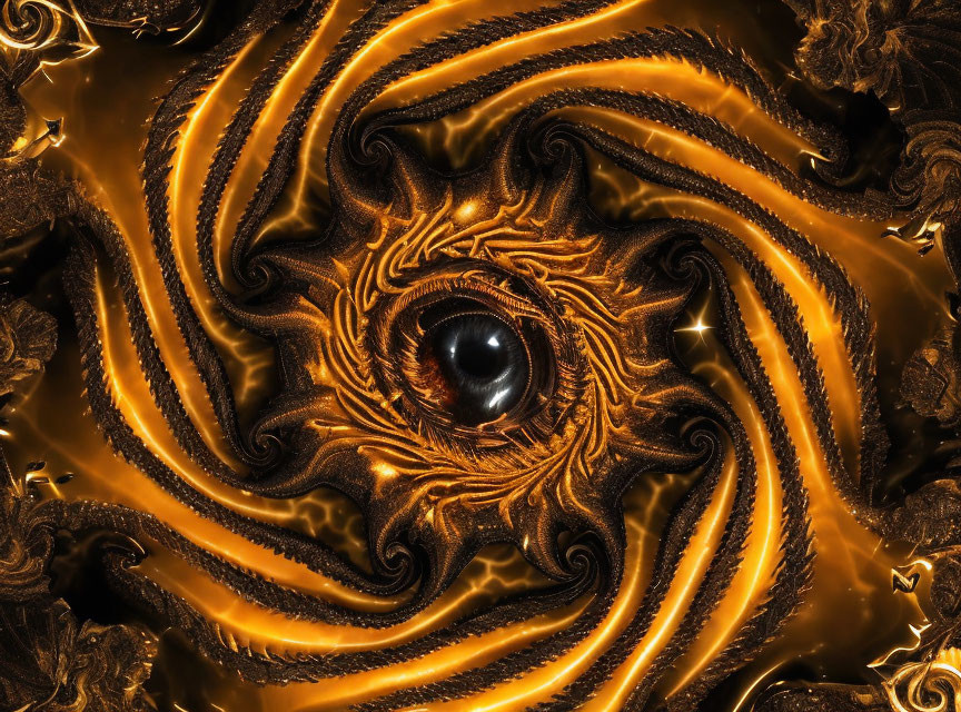 Intricate Black and Gold Fractal Pattern with Central Eye Design