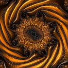 Intricate Black and Gold Fractal Pattern with Central Eye Design