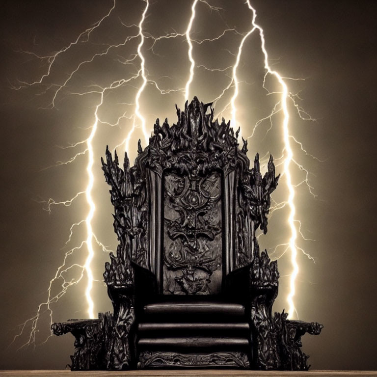 Gothic-style black throne against dramatic lightning backdrop