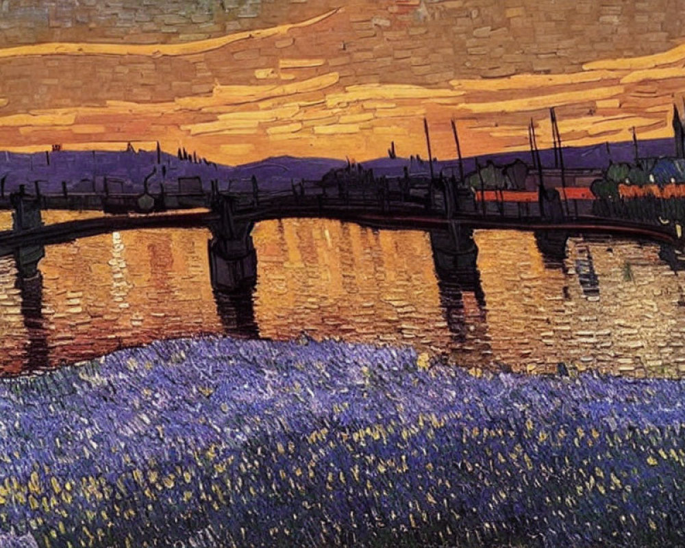 Sunset painting of bridge over water with orange skies and silhouetted buildings