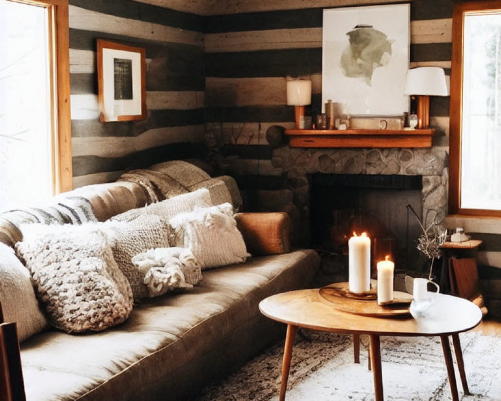 Rustic living room with fireplace, wood walls, plush couch, candles & artwork
