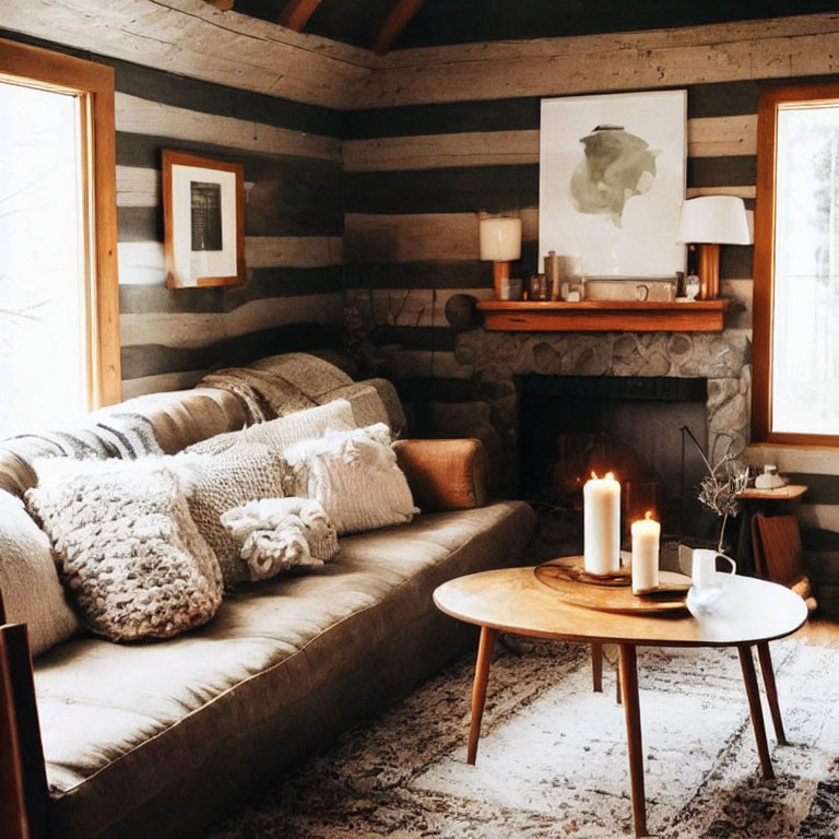 Rustic living room with fireplace, wood walls, plush couch, candles & artwork