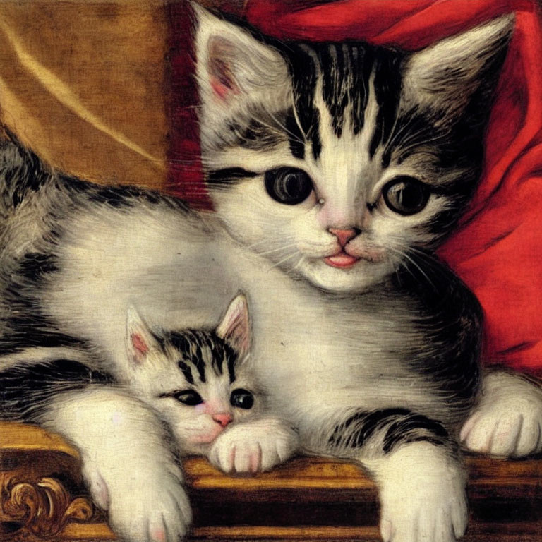 Two black and white kittens cuddling on red background