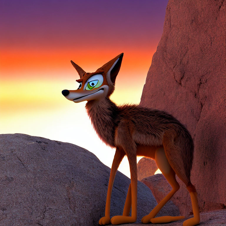 Exaggerated 3D animated sly fox against rock and sunset sky
