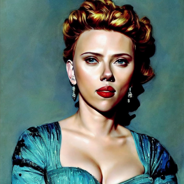 Blonde woman in teal dress with red lips and updo.