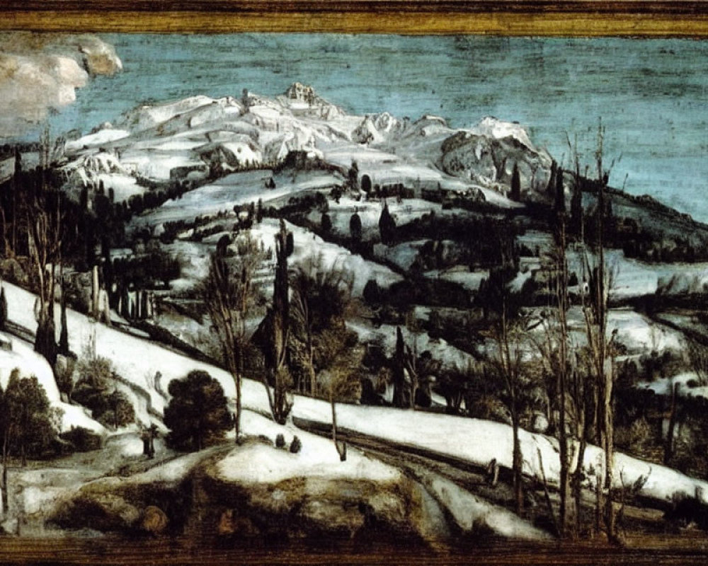 Snow-covered hills, bare trees, and mountain range in somber landscape.