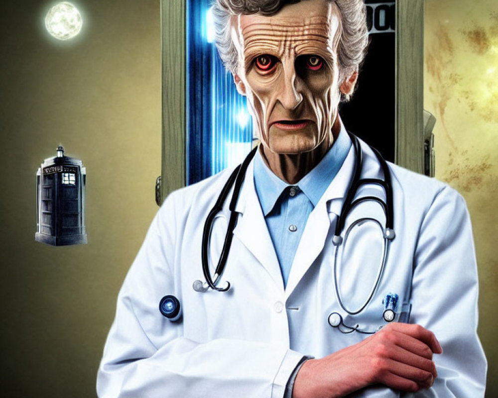 Detailed illustration of stern-faced man in doctor's coat with stethoscope by TARDIS door and