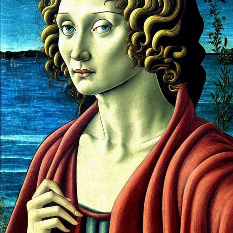 Youth with Curly Hair in Red Cloak Against Scenic Background