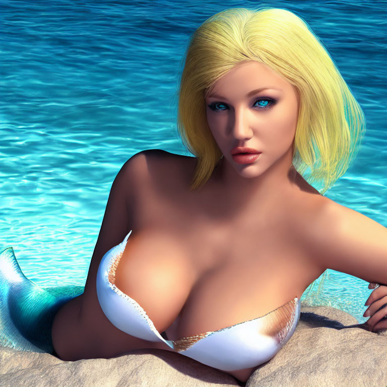 Blonde female character in white bikini with mermaid tail by water