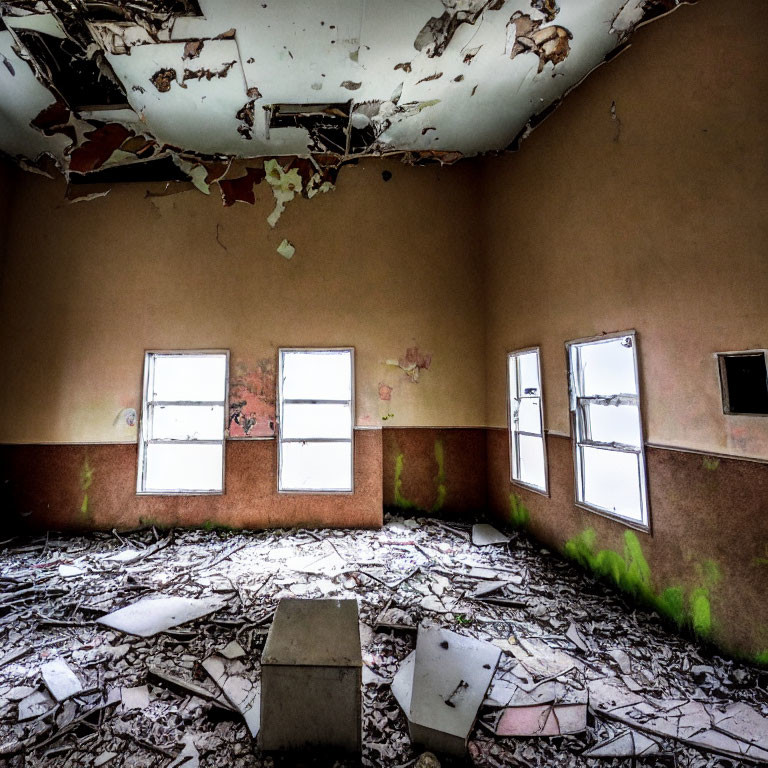 Desolate room with peeling paint, damaged ceiling, debris, and sunlight.