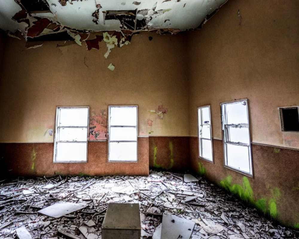 Desolate room with peeling paint, damaged ceiling, debris, and sunlight.