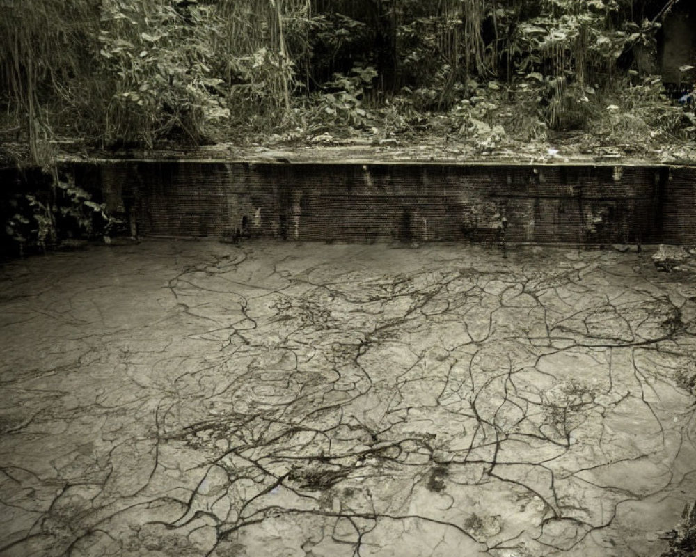 Desolate pond with submerged branches, brick wall, and dense foliage in gloomy setting