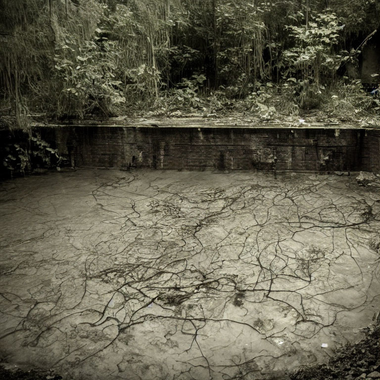 Desolate pond with submerged branches, brick wall, and dense foliage in gloomy setting